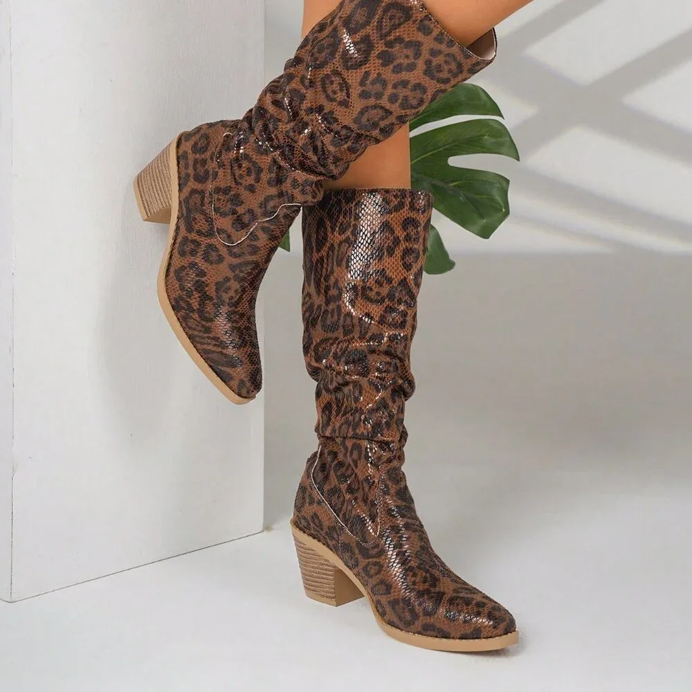 Elegant Women's Thick Heel Leopard Print Knee High Boots - Picture 5 of 5